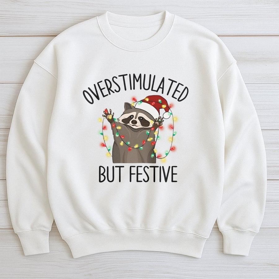 Overstimulated But Festive Raccoon Sweatshirt | Funny Christmas Lights Graphic | Premium Cotton Blend Crewneck | Ugly Sweater Party Gift
