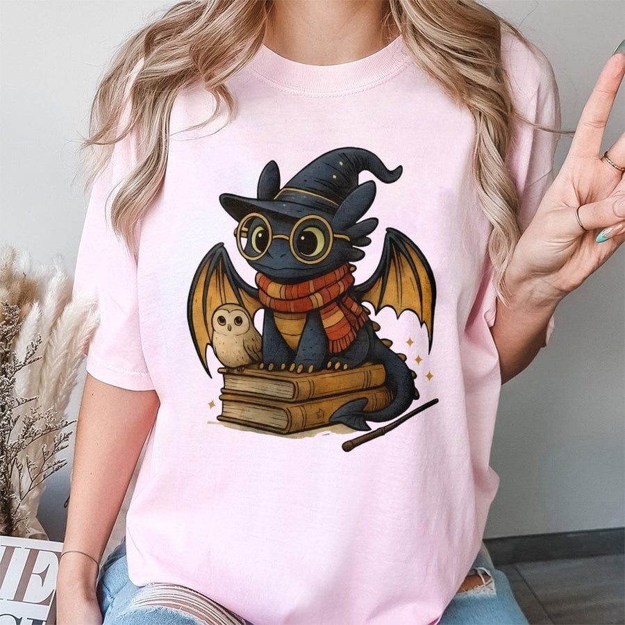 Wizard Dragon T-Shirt | Cute Fantasy Creature Reading Books Graphic | Premium 100% Cotton Tee | Magical Bookworm Gift for Readers
