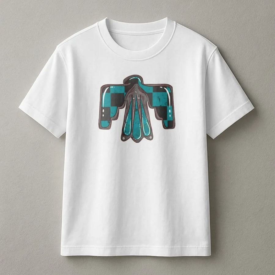 Checkered Thunderbird Graphic T-Shirt | Southwestern Style Bird Print | Premium 100% Cotton Tee | Boho Western Gift for Her