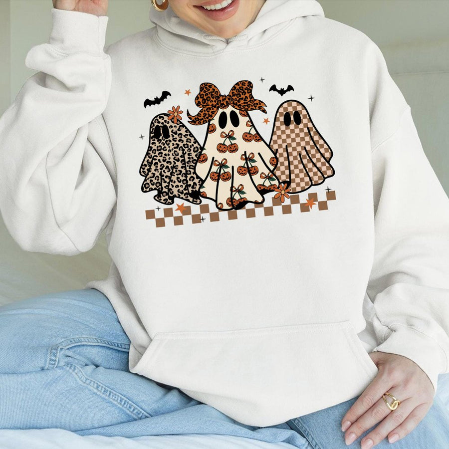 Cute Ghost Hoodie | Preppy Leopard Print Halloween Design | Premium Cotton Blend Sweatshirt | Spooky Season Gift For Her