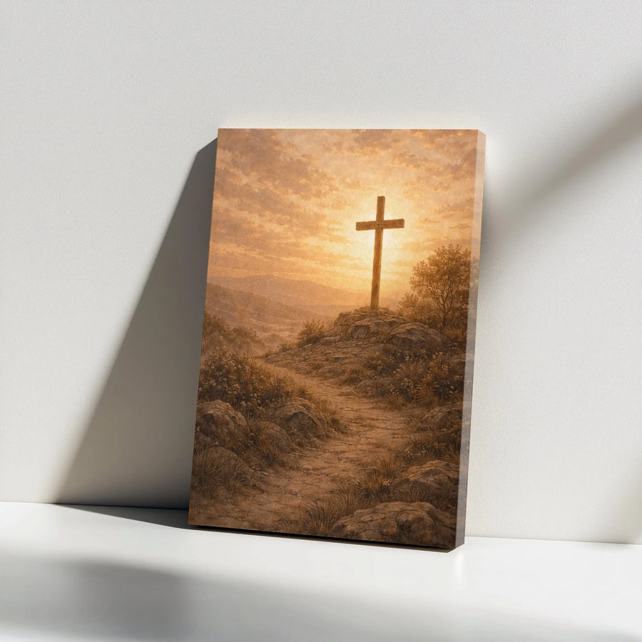 Christian Cross Vertical Canvas | Vintage Calvary Hill at Sunrise | Premium High-Resolution Print | Inspirational Religious Home Decor & Faith Based Gift