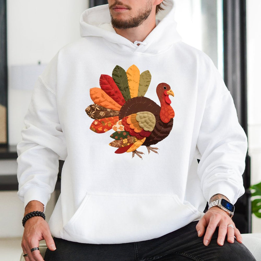 Patchwork Turkey Thanksgiving Hoodie | Colorful Fall Art Graphic | Premium Cotton Blend | Unisex Holiday Gift for Women and Men