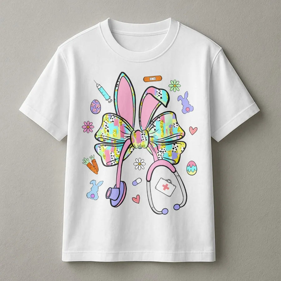 Easter Nurse T-Shirt | Coquette Bunny Ears Stethoscope Graphic | Premium Soft Cotton Tee | Cute Healthcare Worker Gift for Spring