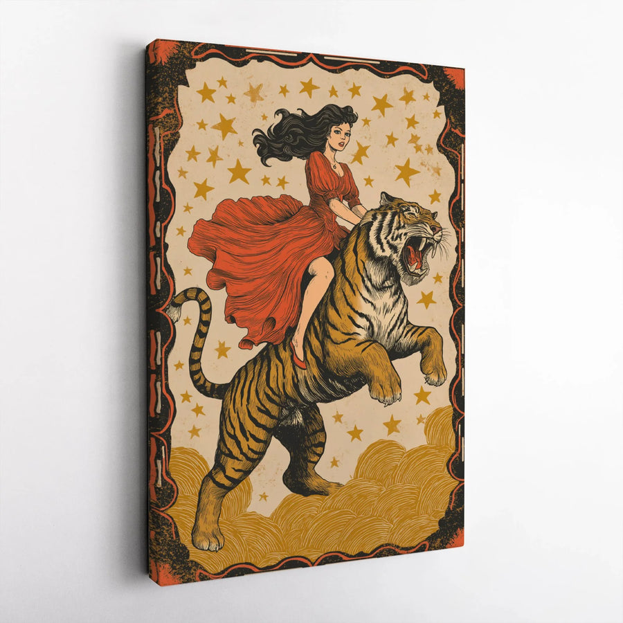 Vintage Tiger Rider Canvas Wall Art | Retro Circus Poster Illustration | Premium Gallery Wrapped Canvas | Eclectic Home Decor Gift