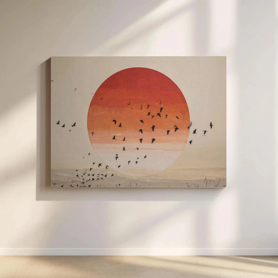 Japanese Red Sun Canvas Wall Art | Minimalist Bird Flock Landscape | Premium Gallery Wrap Print | Modern Living Room Home Decor
