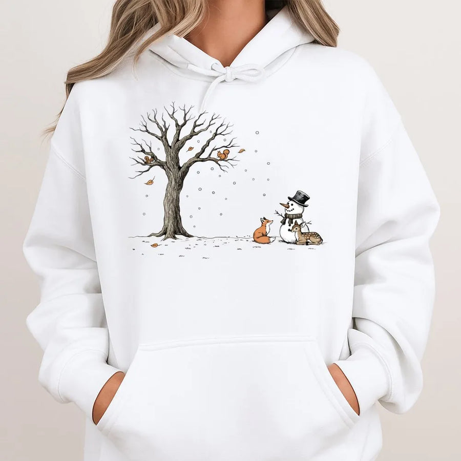 Winter Forest Animals Hoodie | Cute Snowman and Woodland Critters Graphic | Premium Cotton Blend | Holiday Gift for Nature Lovers
