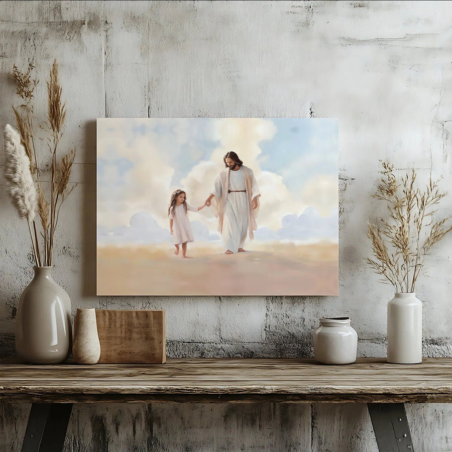 Jesus Walking With Little Girl Canvas Art | Religious Christian Wall Decor | Premium Fade-Resistant Print | Spiritual Gift for Nursery or Home