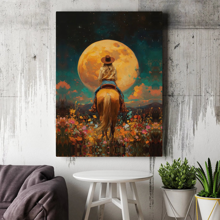 Cowgirl Horse Wall Art | Western Night Moon Landscape | Premium Gallery Wrapped Canvas | Rustic Home Decor Gift