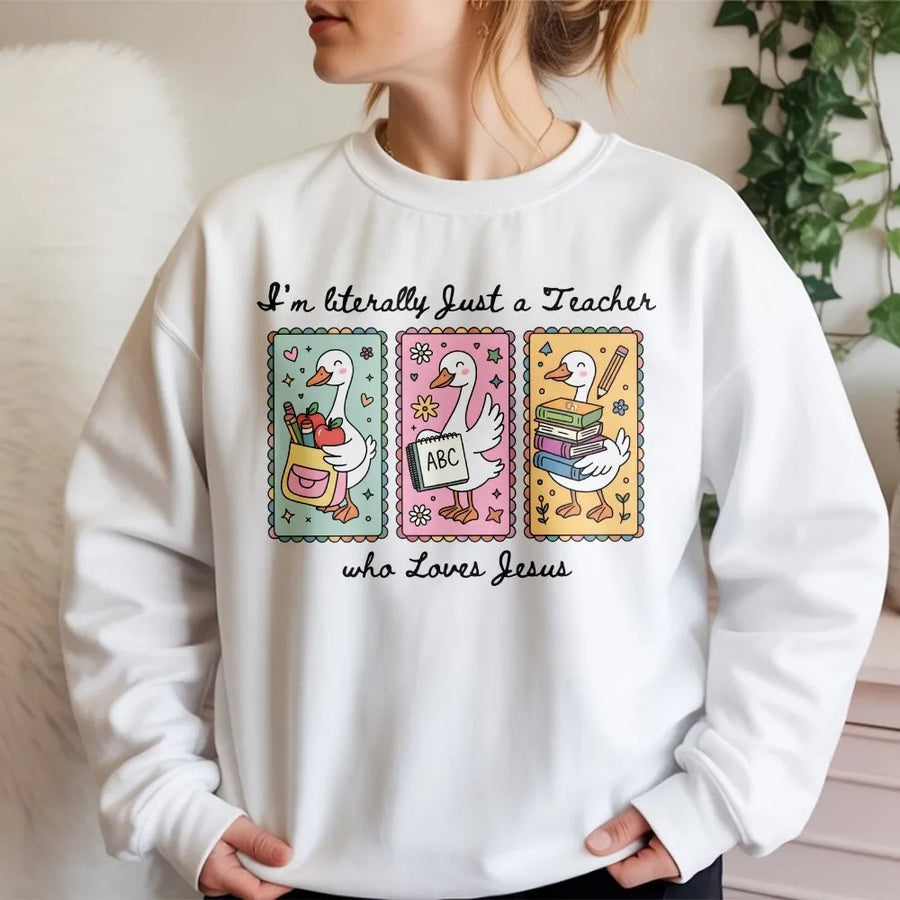 Christian Teacher Shirt | Cute Goose Graphic 'Loves Jesus' Quote Tee | Premium Soft Cotton | Faith Based Teacher Appreciation Gift