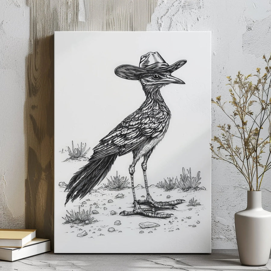 Roadrunner Wall Art | Cowboy Hat Bird Sketch | Premium Gallery Wrapped Canvas | Western Desert Decor Gift for Nature Lovers