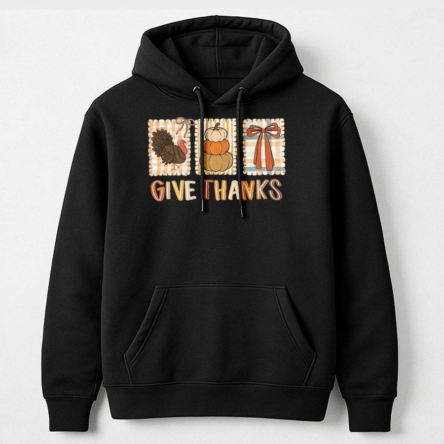 Give Thanks Hoodie | Thanksgiving Turkey Pumpkin Bow Graphic | Premium Cotton Blend Fall Pullover | Cute Coquette Autumn Gift for Women