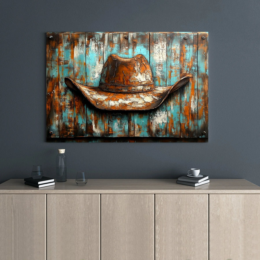 Rustic Cowboy Hat Wall Art | Distressed Teal And Orange Wood Print | Premium 1.25" Gallery Wrap Canvas | Western Home Decor Gift For Him