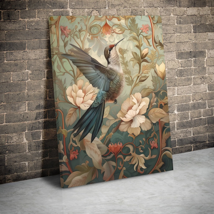 Hummingbird Wall Art Canvas | Art Nouveau Floral Bird Print | Premium Gallery Wrap Decor | Nature Inspired Gift for Home Office