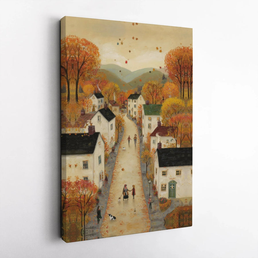 Autumn Village Canvas Wall Art | Rustic Folk Art Landscape with Cozy Street Scene | Premium Canvas Print | Housewarming Gift for Home Decor