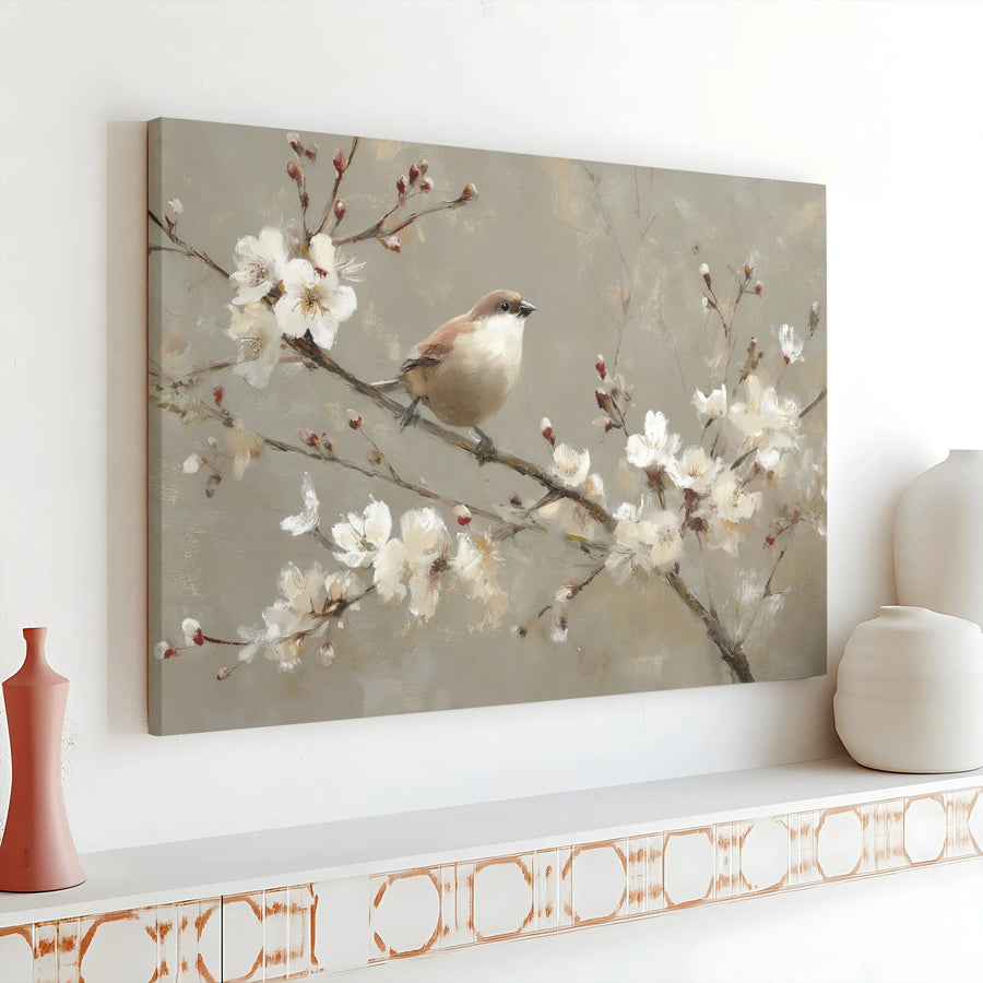Vintage Bird and Blossom Canvas Art | Japanese Inspired Painting Print | Gallery Wrapped Premium Canvas | Neutral Farmhouse Living Room Wall Decor