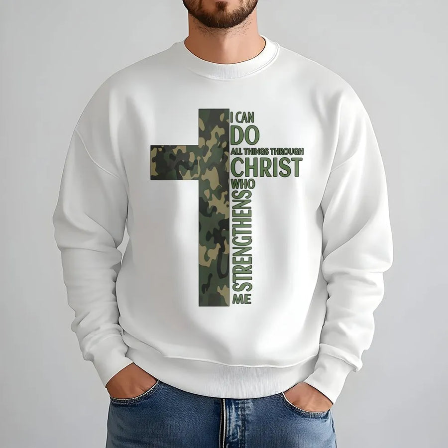 I Can Do All Things Through Christ Sweatshirt | Camo Cross Bible Verse | Premium Cotton Blend | Inspirational Religious Gift for Men and Women