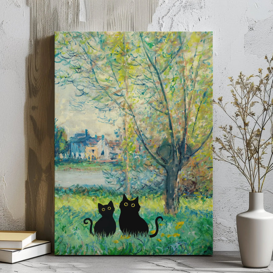 Black Cat Canvas Wall Art | Impressionist Monet Garden Style | Gallery Wrapped Premium Print | Whimsical Home Decor Gift for Cat Lovers