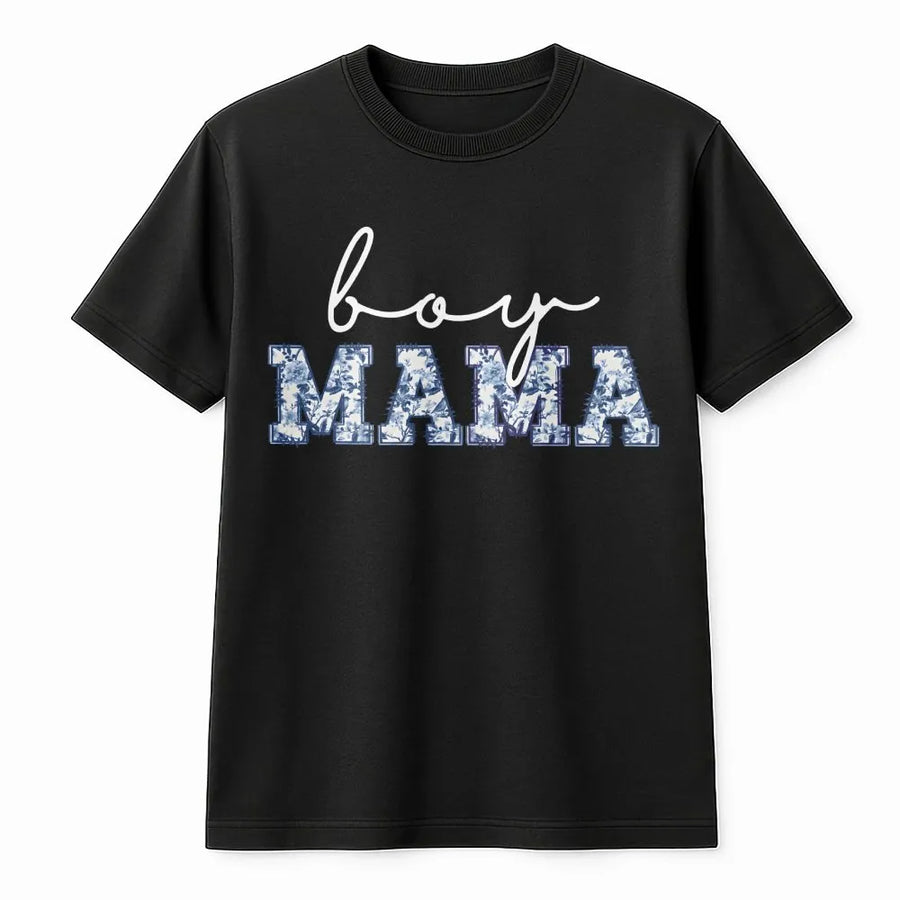 Boy Mama T-Shirt | Blue Toile Floral Design | Premium Soft Cotton | New Mom Pregnancy Announcement Gift for Her