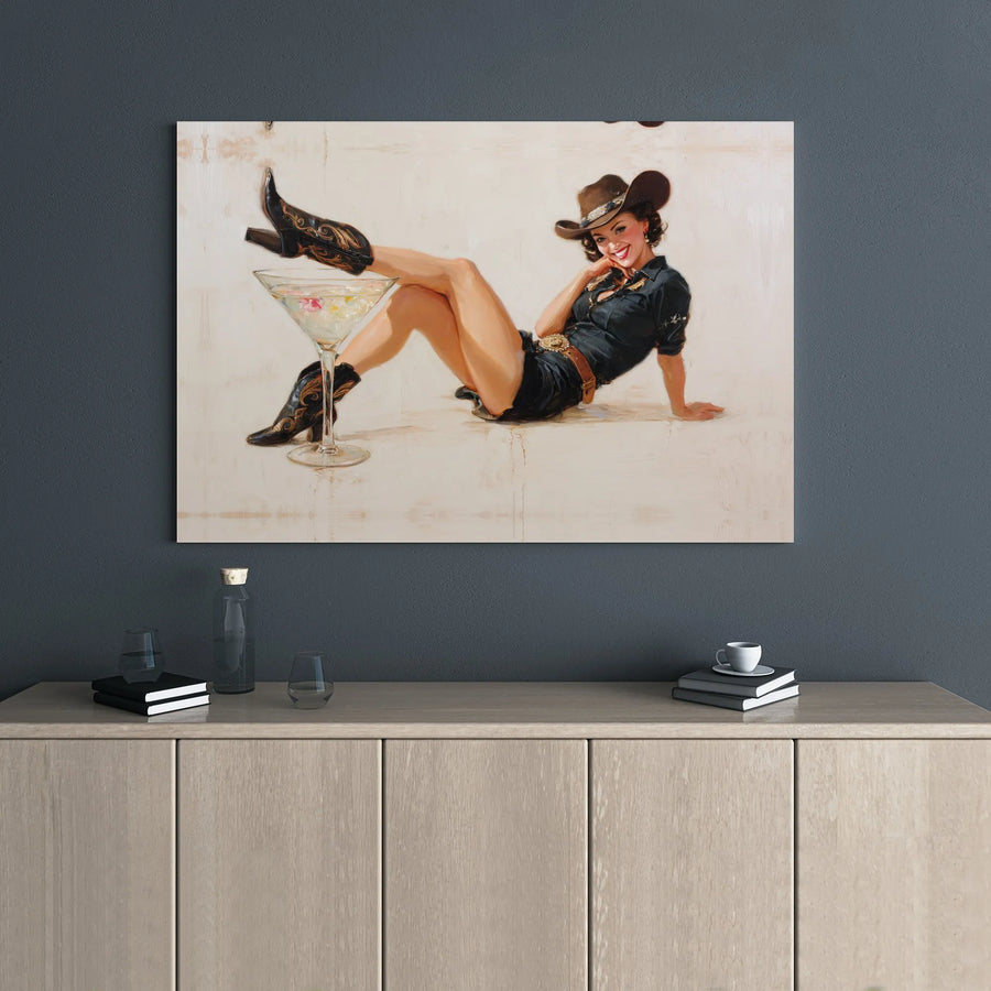 Pin-Up Cowgirl Canvas Art | Retro Western Martini Glass Decor | 1.25" Gallery Wrap Premium Print | Fun Bar & Kitchen Wall Decor for Home