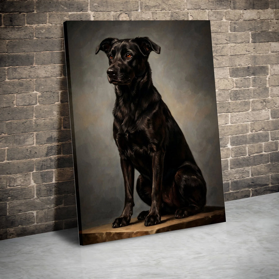 Regal Black Dog Portrait Canvas | Vintage Oil Painting Style Wall Art | Premium Gallery Wrapped Print | Gift for Dog Lover, Pet Memorial Decor