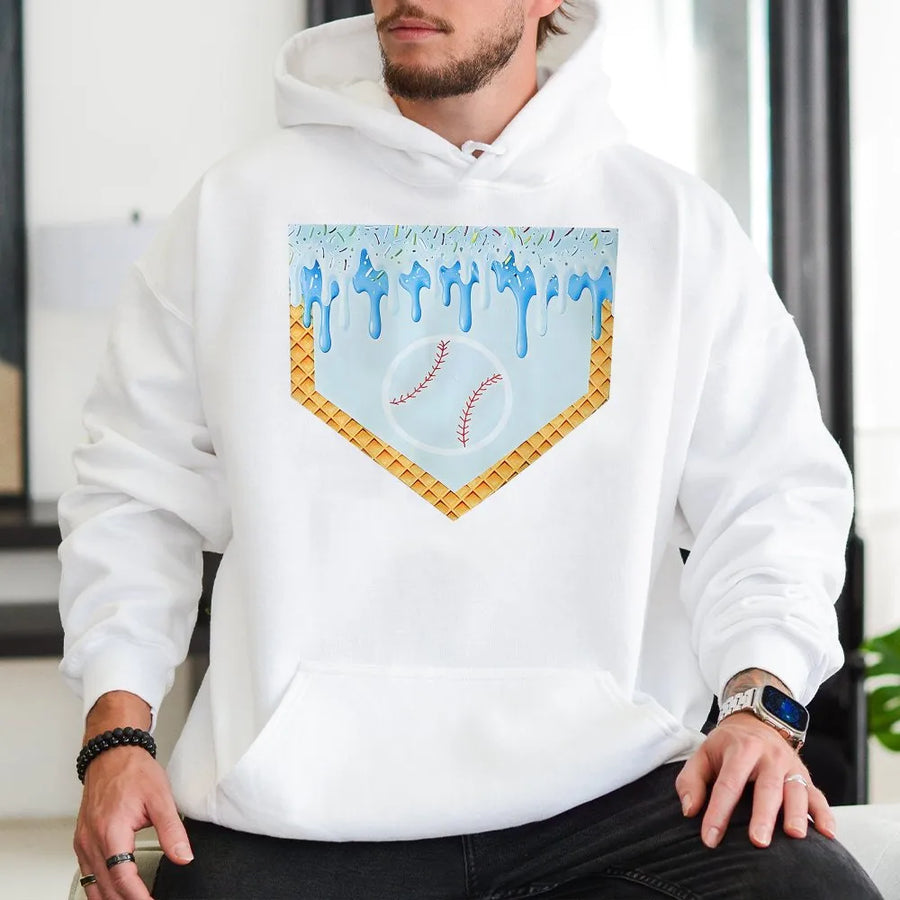 Baseball Ice Cream Hoodie | Melting Home Plate Graphic | Soft Cotton Blend Pullover | Unique Gift for Baseball Players & Fans