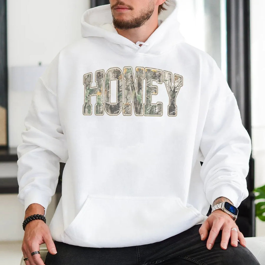 Honey Camo Hoodie | Retro Western Graphic Pullover | Soft Cotton Blend | Unique Country Girl Gift, Southern Apparel