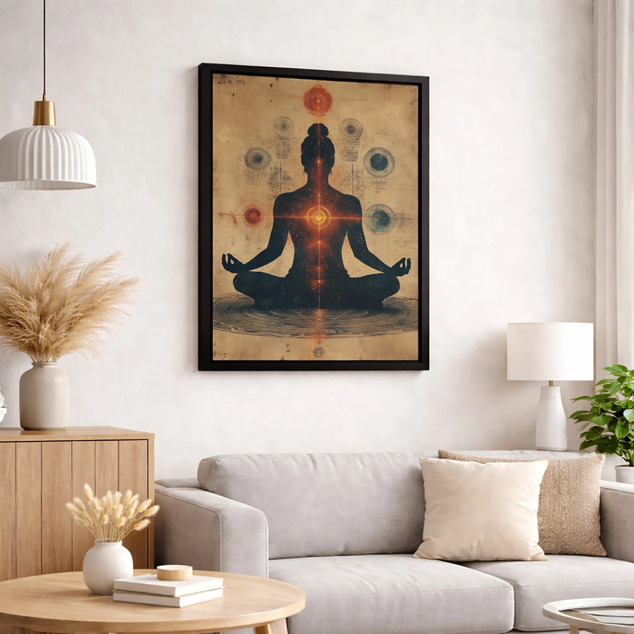 Spiritual Meditation Canvas Wall Art | Glowing Chakra Silhouette Design | Premium Fade-Resistant Gallery Wrap | Yoga Studio & Home Decor Gift