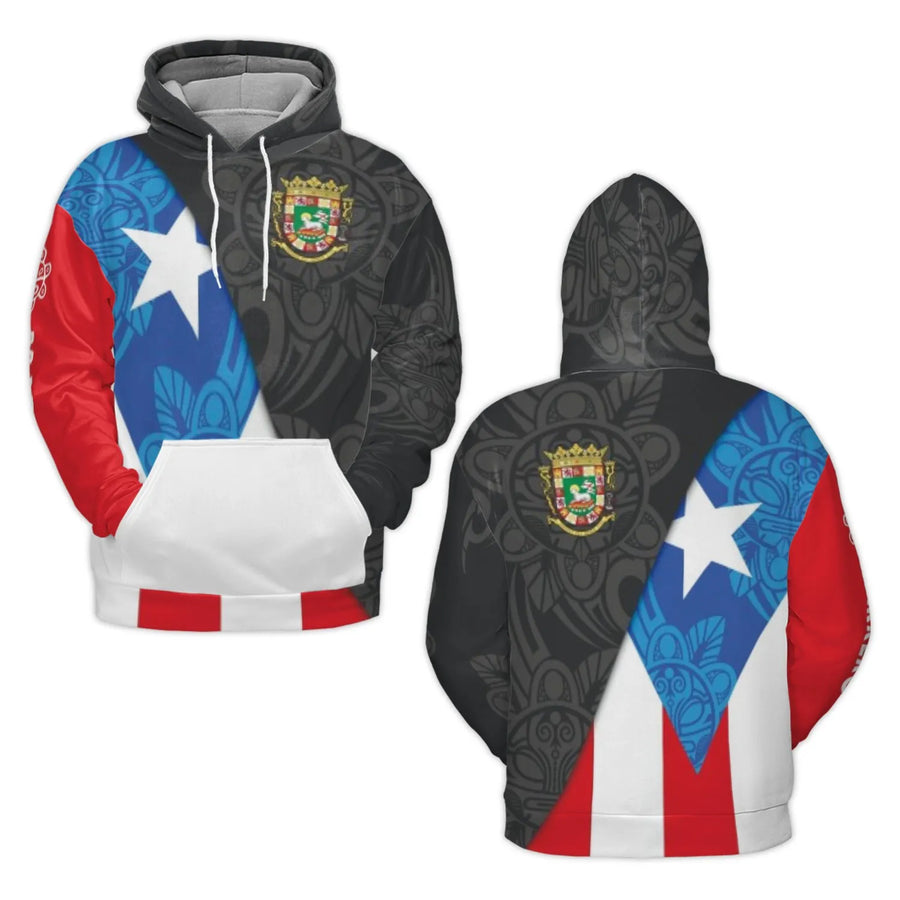 Puerto Rico Hoodie | Flag & Coat of Arms Taino Art Print | Premium 100% Polyester | Gift for Boricua Pride