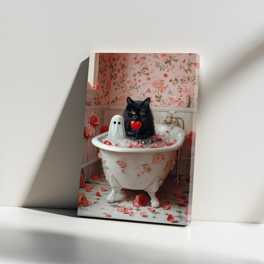 Black Cat and Ghost Canvas Art | Romantic Floral Bathtub Aesthetic | Premium Gallery Wrap Wall Decor | Whimsical Spooky Home Gift for Cat Lovers