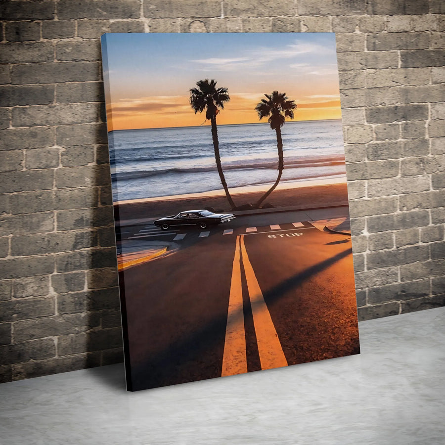 Vintage Car California Canvas Wall Art | Coastal Drive Photography with Palm Trees | Premium 1.25” Thick Canvas | Man Cave Decor Gift for Car Enthusiast