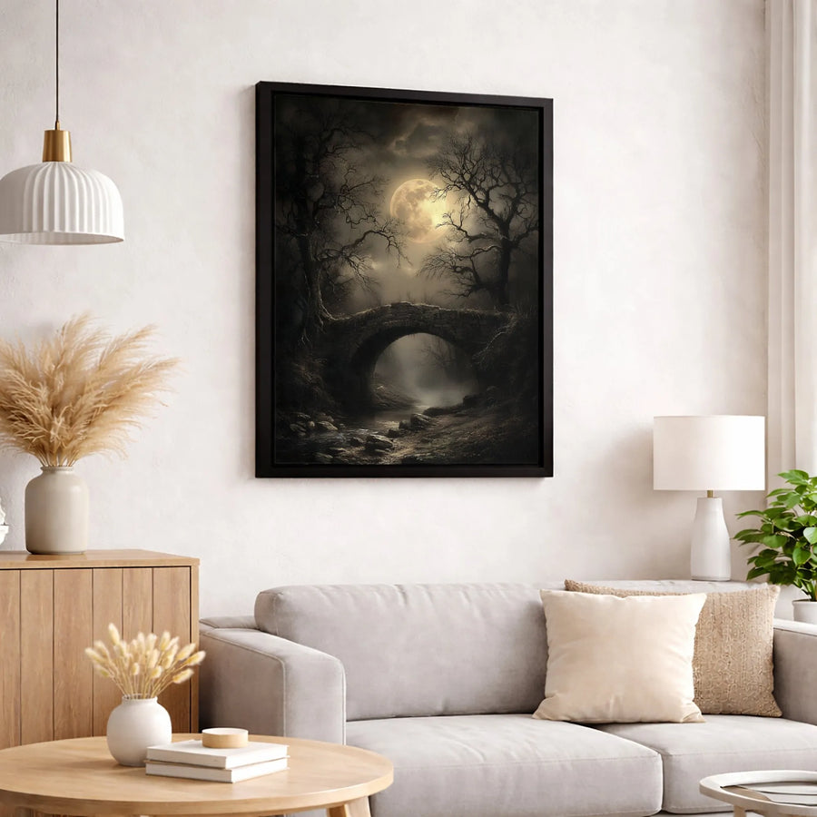 Gothic Forest Wall Art | Eerie Full Moon and Stone Bridge Print | Premium Gallery Wrapped Canvas | Dark Academia Home Decor Gift
