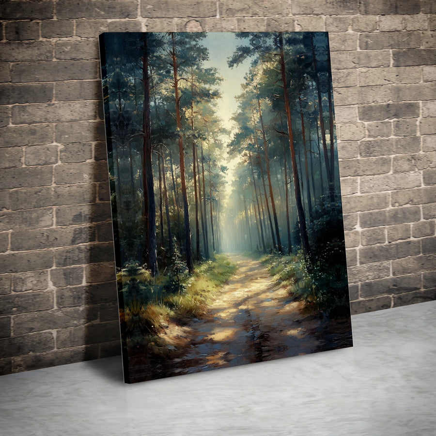 Enchanted Forest Canvas Wall Art | Sunlit Pine Tree Painting Print | Premium Frameless Canvas | Nature Lover Gift for Rustic Home Decor