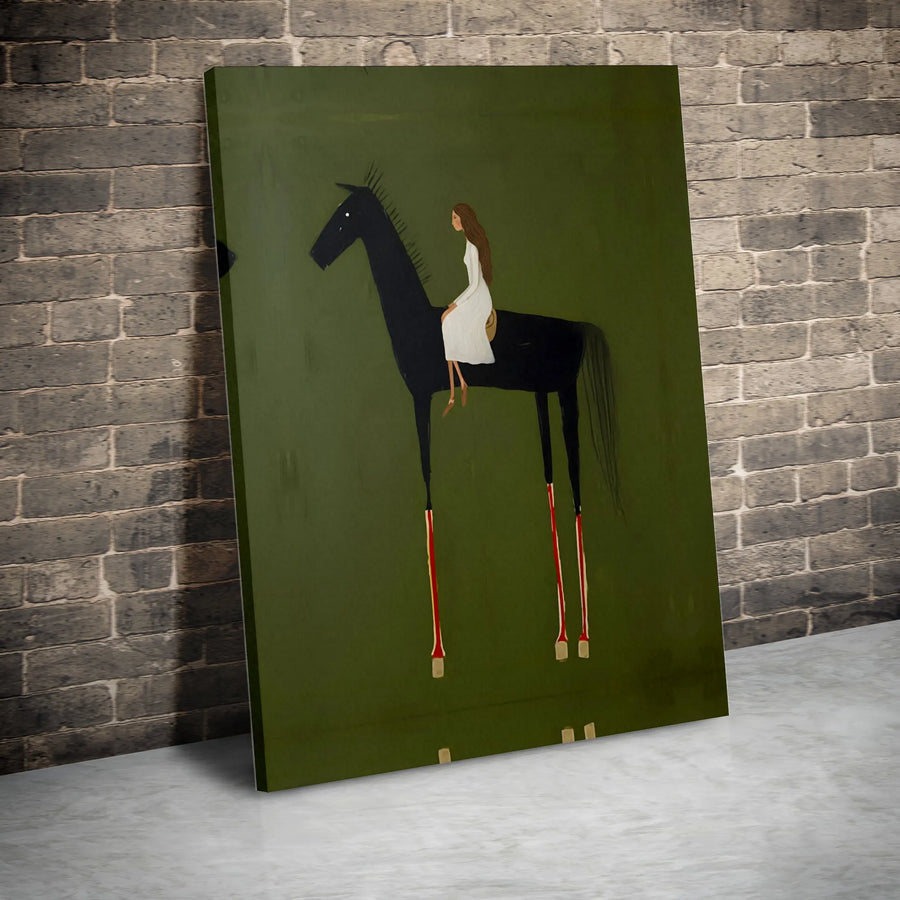 Modern Equestrian Wall Art | Abstract Woman on Black Horse Canvas Print | Premium Fade-Resistant Ink | Unique Home Decor Gift for Horse Lovers
