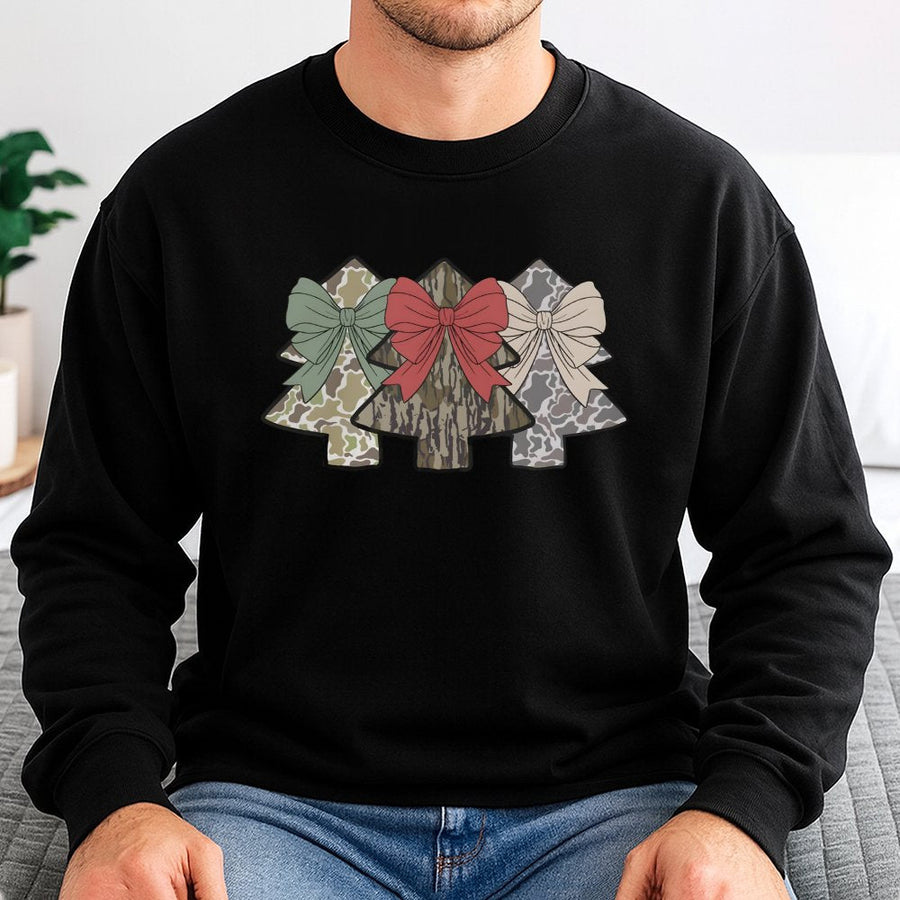 Camo Christmas Tree Sweatshirt | Coquette Bow Holiday Graphic | Soft Cotton Blend Crewneck | Festive Hunting Gift for Women and Men