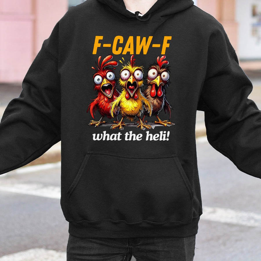Funny Chicken Hoodie | F-Caw-F What The Heli Graphic | Premium Cotton Blend | Gift For Chicken Lovers & Farm Enthusiasts