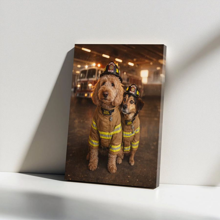 Firefighter Dogs Canvas Wall Art | Heroic K9 Fire Pups Portrait | Premium Gallery Wrap Canvas | Gift for Firefighter & Dog Lovers