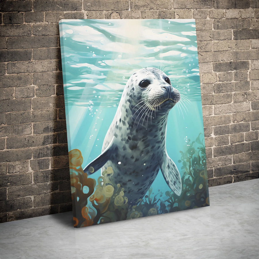 Cute Seal Canvas Wall Art | Underwater Ocean Wildlife Print | Premium Gallery Wrap Wooden Frame | Coastal Beach Home Decor Gift