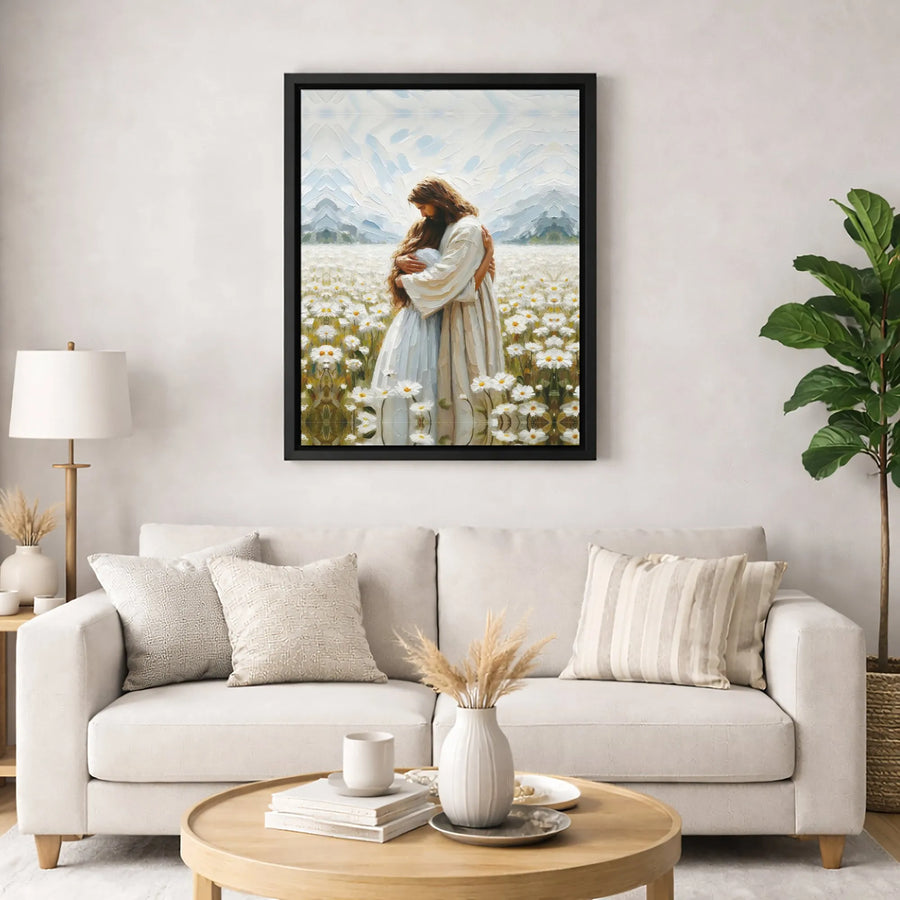 Jesus Christ Embracing Woman Canvas | Daisy Field Religious Wall Art | Premium Gallery Wrapped Print | Inspirational Christian Home Decor Gift