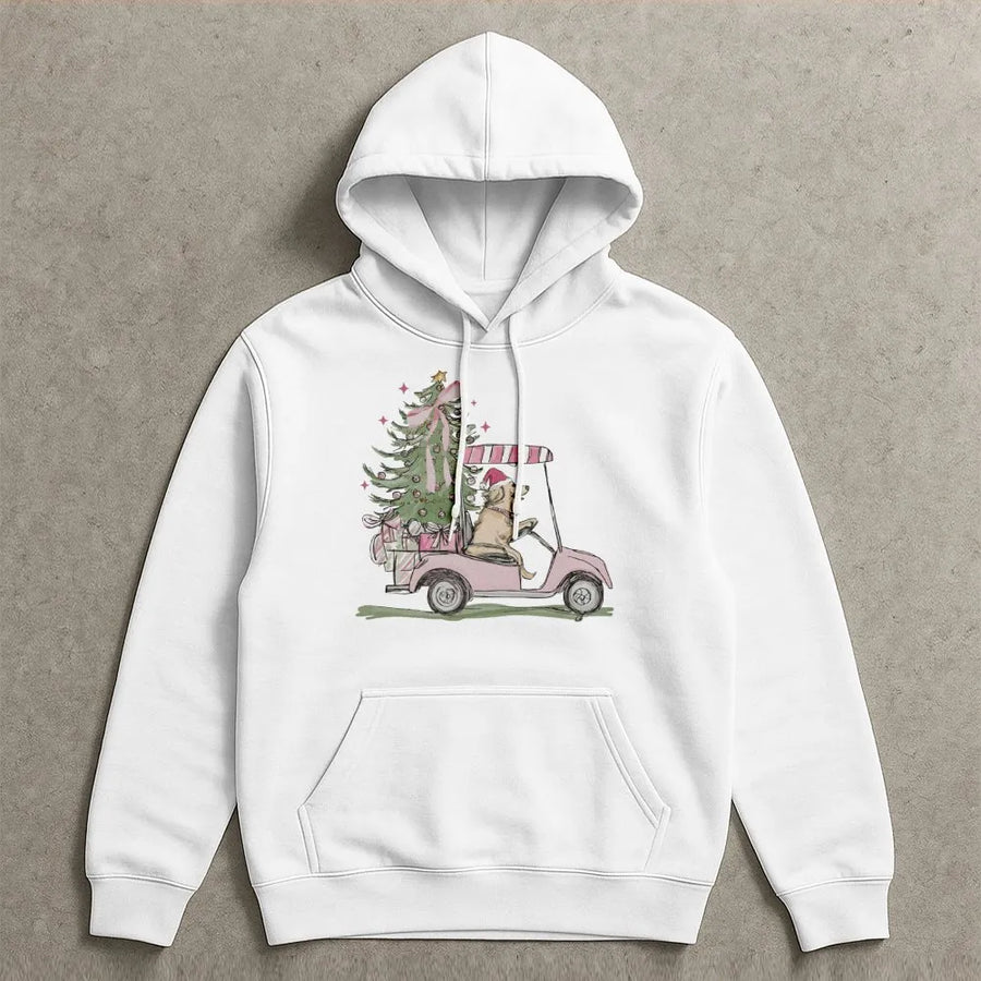 Christmas Golden Retriever Hoodie | Pink Golf Cart Festive Print | Premium Soft Cotton Blend | Holiday Gift For Dog Lovers & Golfers