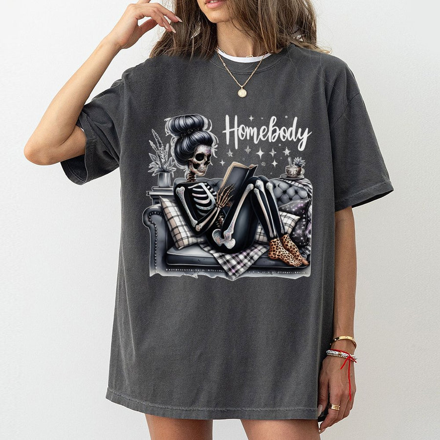 Homebody Skeleton Reading Book T-Shirt | Relaxed Aesthetic Graphic Tee | 100% Premium Cotton | Perfect Gift for Introverts & Readers