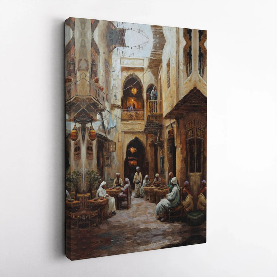 Arabian Street Cafe Canvas Print | Vintage Middle Eastern Market Art | Premium Gallery Wrap Wall Decor | Cultural Home Office Gift