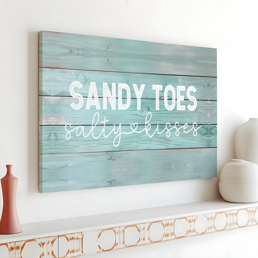 Sandy Toes Salty Kisses Canvas Print | Rustic Teal Wood Plank Design | Premium Gallery Wrapped Canvas | Beach House Decor Gift
