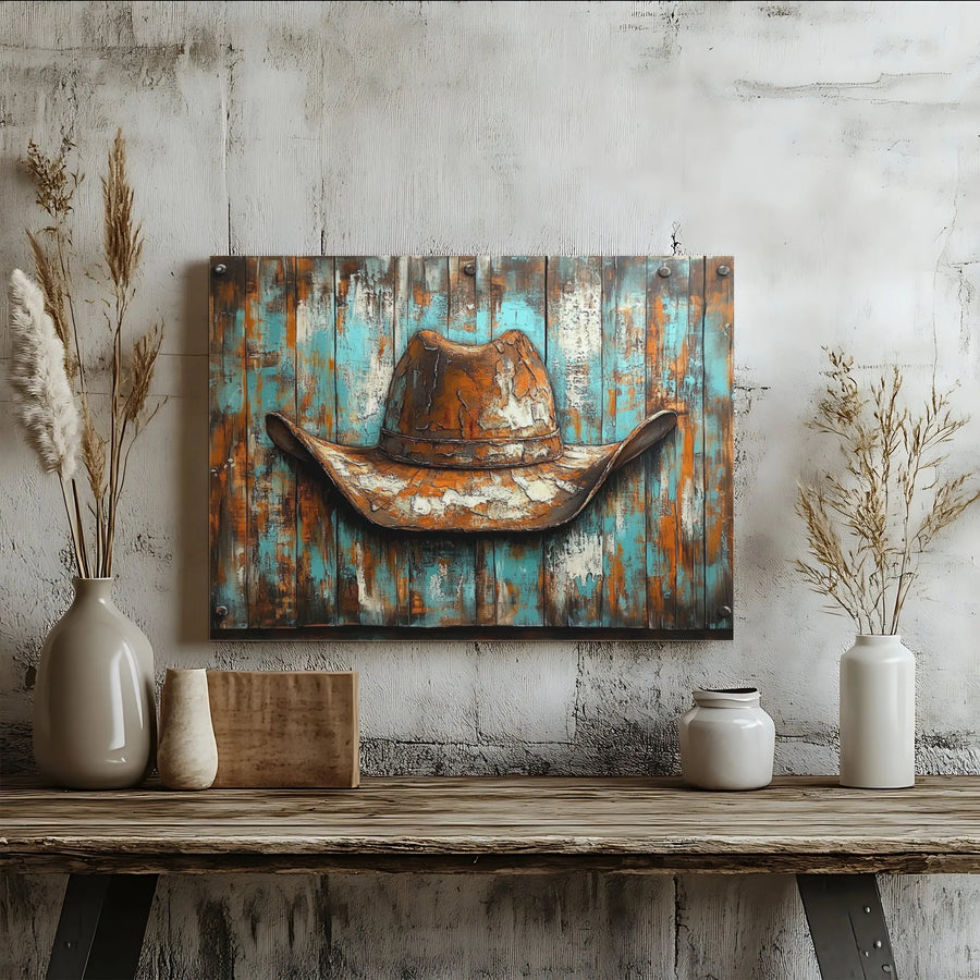 Rustic Cowboy Hat Wall Art | Distressed Teal And Orange Wood Print | Premium 1.25" Gallery Wrap Canvas | Western Home Decor Gift For Him