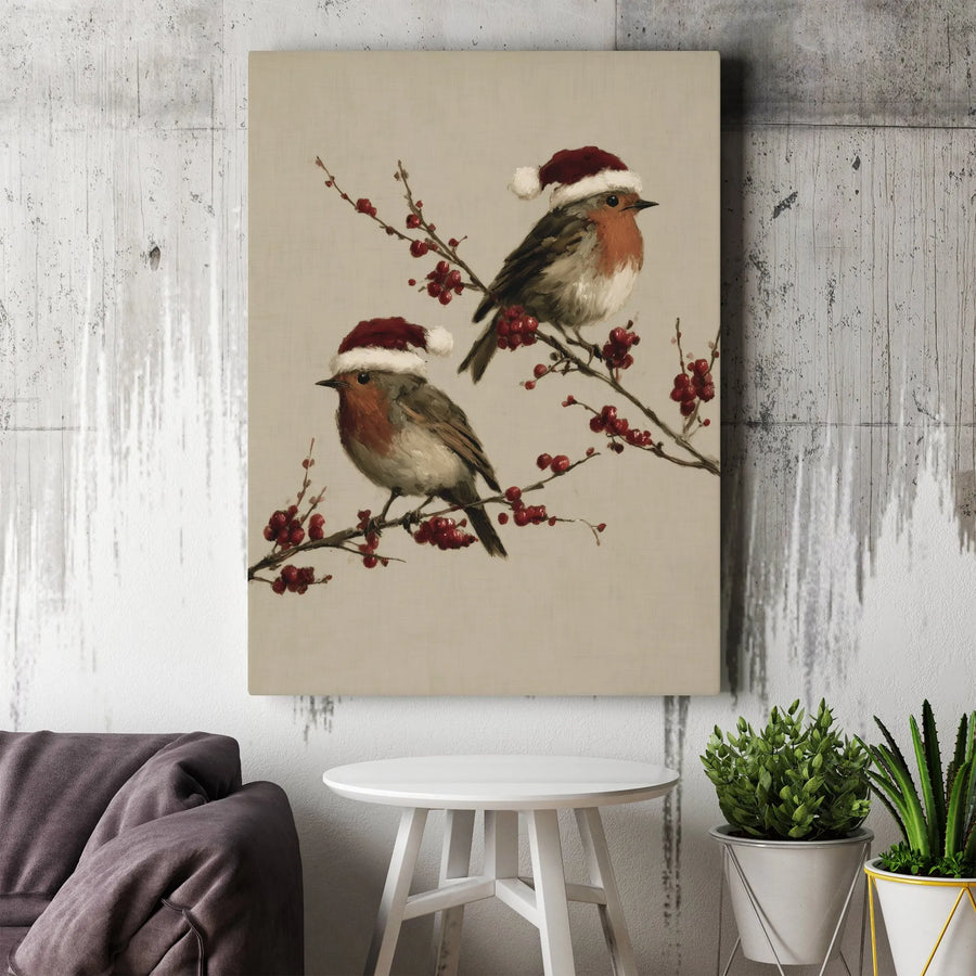 Christmas Robin Canvas Wall Art | Festive Birds in Santa Hats | Premium Gallery Wrapped Decor | Holiday Home & Winter Gift
