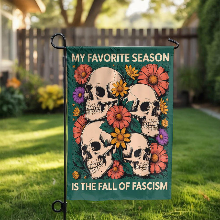 Fall Of Fascism Garden Flag | Floral Skull Yard Decor | Premium Weather-Resistant Polyester | Anti-Fascist Outdoor Gift