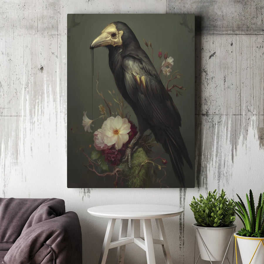 Gothic Crow Skull Canvas Wall Art | Dark Academia Raven Bird Floral Print | Premium Gallery-Wrapped Decor | Moody Home Gift for Witchy Aesthetic Lovers