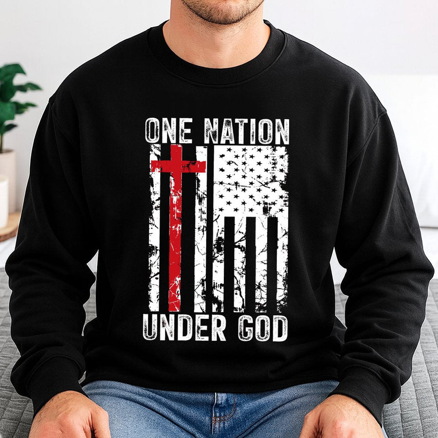 One Nation Under God Sweatshirt | Patriotic American Flag & Cross Design | Premium Cotton Blend | Christian Faith Gift for Men and Women