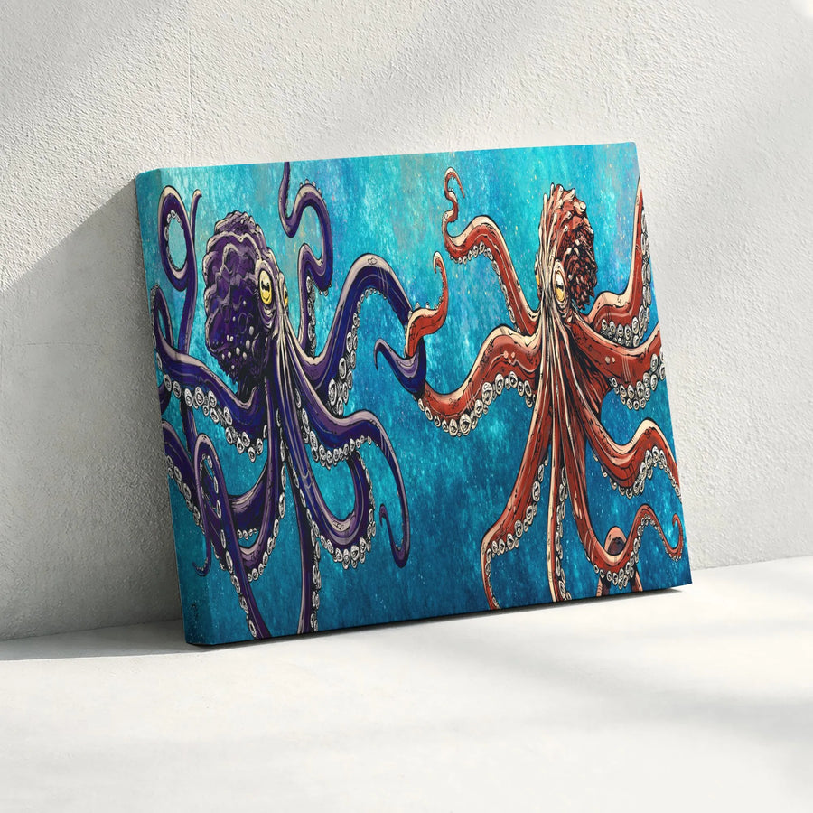 Octopus Canvas Wall Art | Vibrant Two Octopus Graphic Illustration | Premium Thick Gallery Wrap | Modern Coastal Home Decor Gift