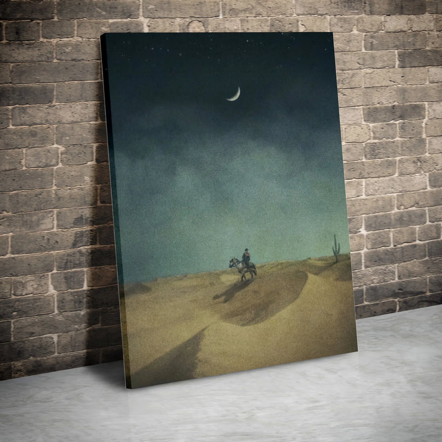 Western Cowboy Canvas Wall Art | Midnight Desert Silhouette Scene | Premium Gallery-Wrapped Print | Moody Home Decor for Living Room
