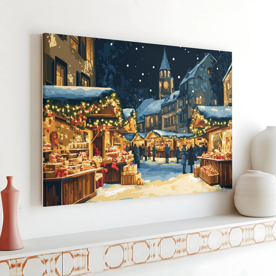 Christmas Market Canvas Print | European Winter Village Night Scene | Premium Gallery Wrap Wall Art | Festive Holiday Decor Gift